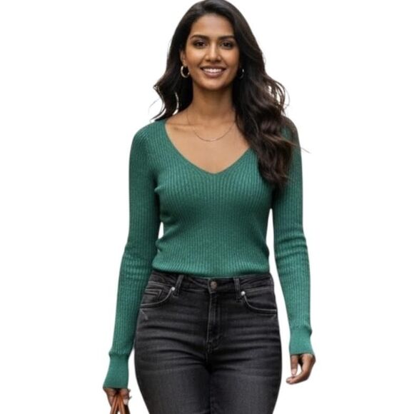 Free People Sweater Womens Small Green Ribbed V-Neck Long Sleeve Knit OB1361173 - Picture 1 of 13